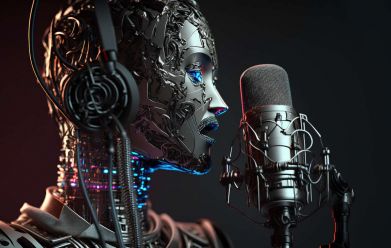3d rendering of female robot with microphone and headphones on dark background