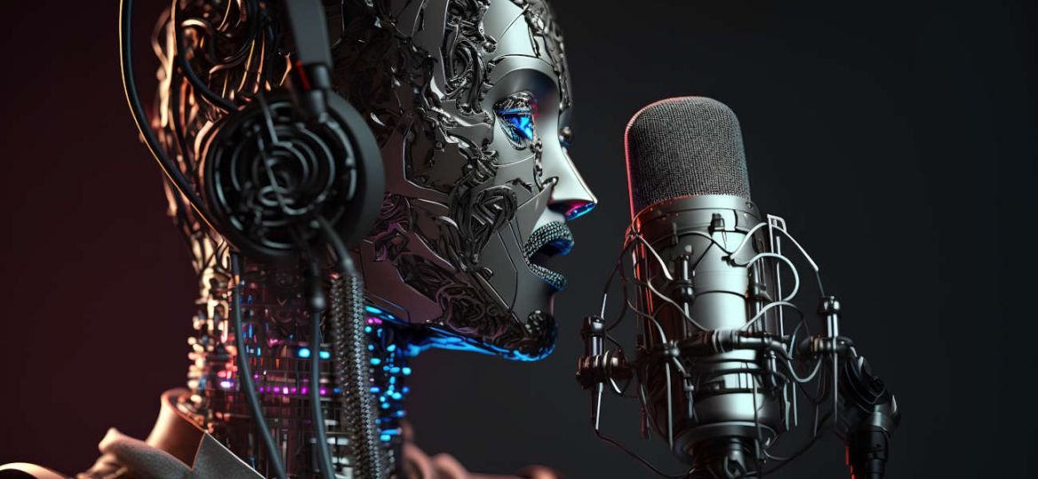 3d rendering of female robot with microphone and headphones on dark background