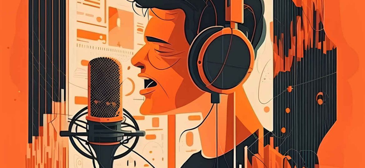 Vector illustration of a radio host with headphones and microphone in the studio.